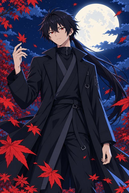 佇立在月夜紅葉中、身穿黑色長大衣的鴉羽。