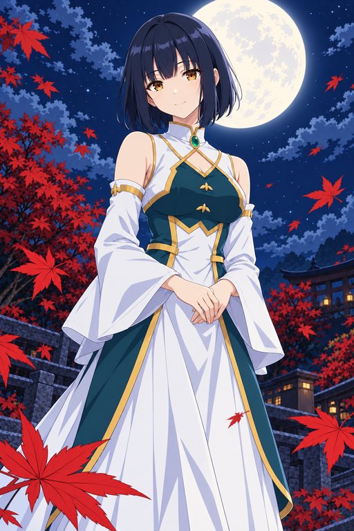以月夜紅葉與鳥居為背景佇立、身穿白與青綠巫女裝束的東雲光羽。