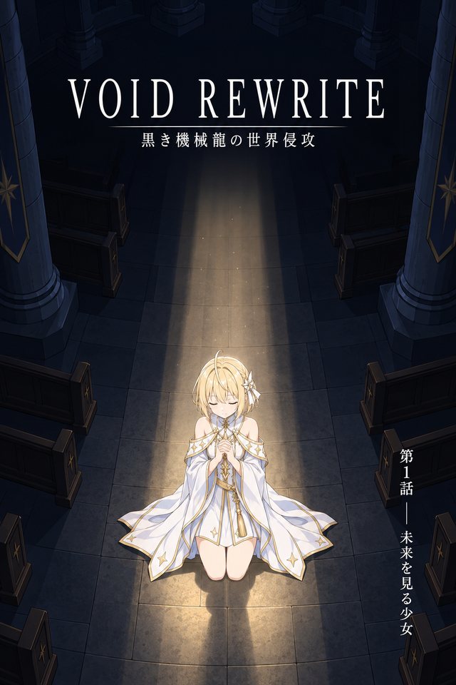 第1話扉頁。昏暗的神殿長椅之間，一道光從上方照下，莉瑟妲跪坐在光中合掌祈禱。標題「VOID REWRITE 黒き機械龍の世界侵攻」，章名「第1話 —— 未来を見る少女」。
