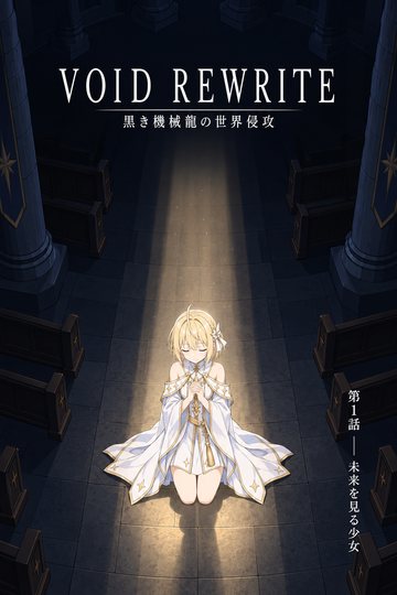 第1話扉頁。昏暗的神殿長椅之間，一道光從上方照下，莉瑟妲跪坐在光中合掌祈禱。標題「VOID REWRITE 黒き機械龍の世界侵攻」，章名「第1話 —— 未来を見る少女」。