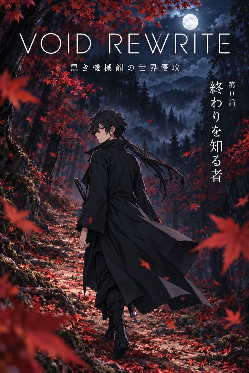 第0話扉頁。在月光與紅葉中回眸的鴉羽。標題「終わりを知る者」與作品標誌「VOID REWRITE」。