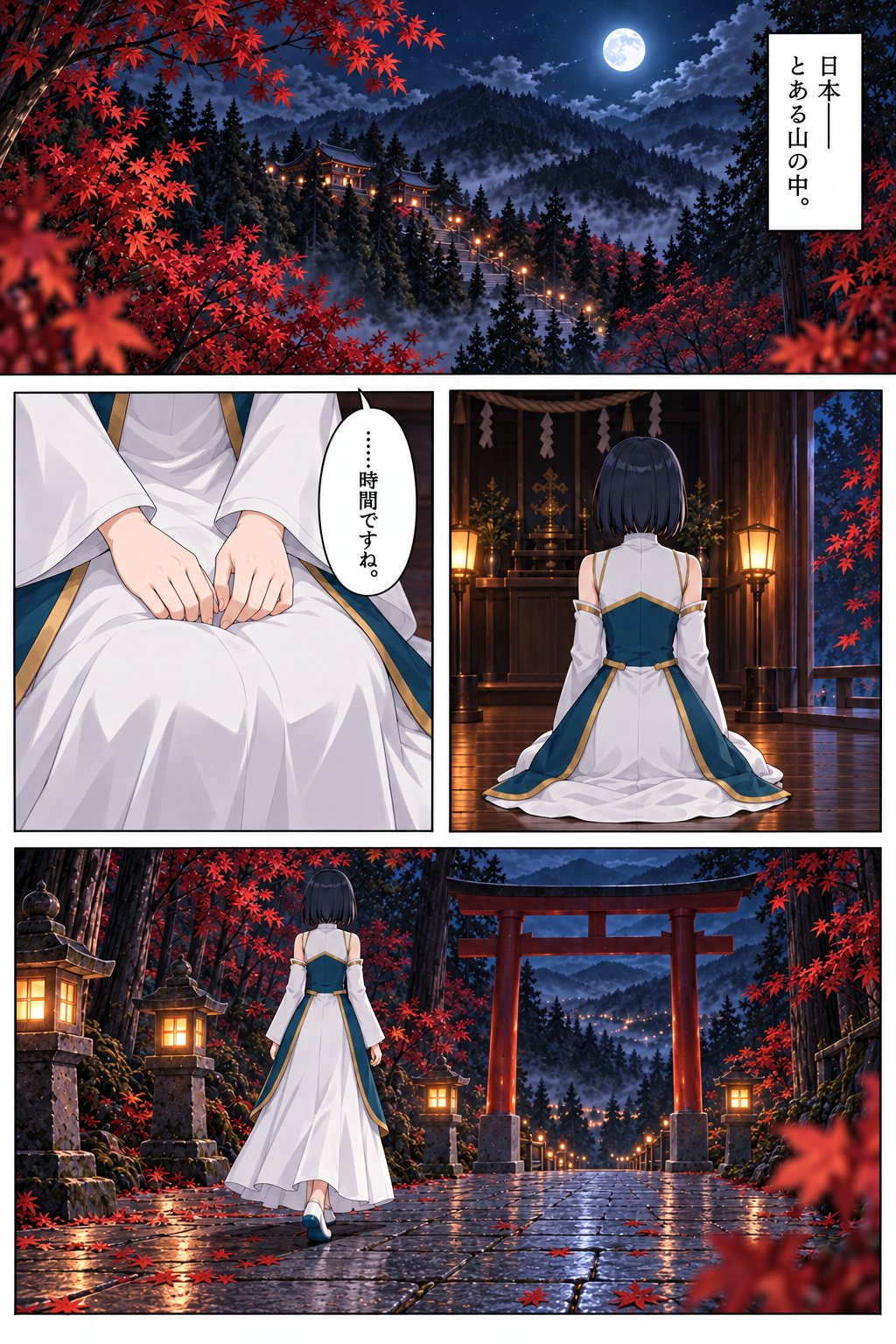 日本，某座山中。月夜的山上亮起神社燈火。在拜殿正坐的東雲光羽低語「……時間到了呢。」，起身走向鳥居。