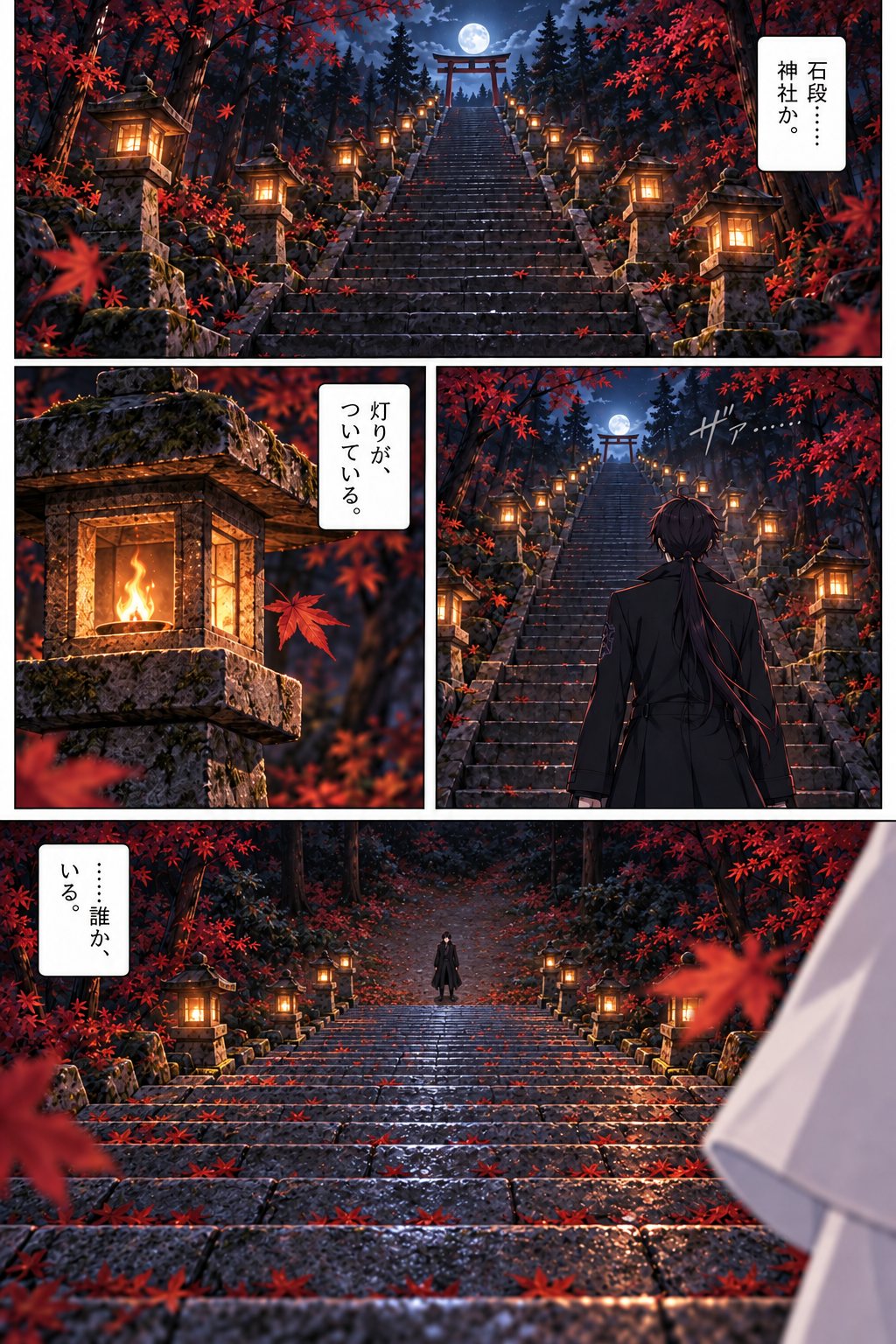燈籠並列的長長石階盡頭，是鳥居與滿月。「石階……是神社嗎。」「燈還亮著。」抬頭望向石階的鴉羽。在上方俯視的白色衣袖另一頭，是鴉羽的身影。「……有人在。」