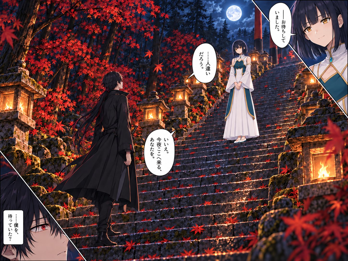 第0話跨頁。紅葉與燈籠的石階上，東雲光羽俯視著鴉羽。光羽「——恭候多時了。」鴉羽「……你認錯人了吧。」光羽「不。我等的，是今晚會來到這裡的你。」鴉羽「……在等我？」