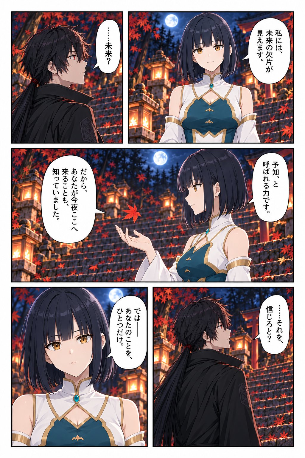 鴉羽「……未來？」光羽「我能看見未來的碎片。」「那是被稱為『預知』的力量。」「所以，我也知道你今晚會來到這裡。」鴉羽「……要我相信這種事？」光羽「那麼——就說一件關於你的事吧。」