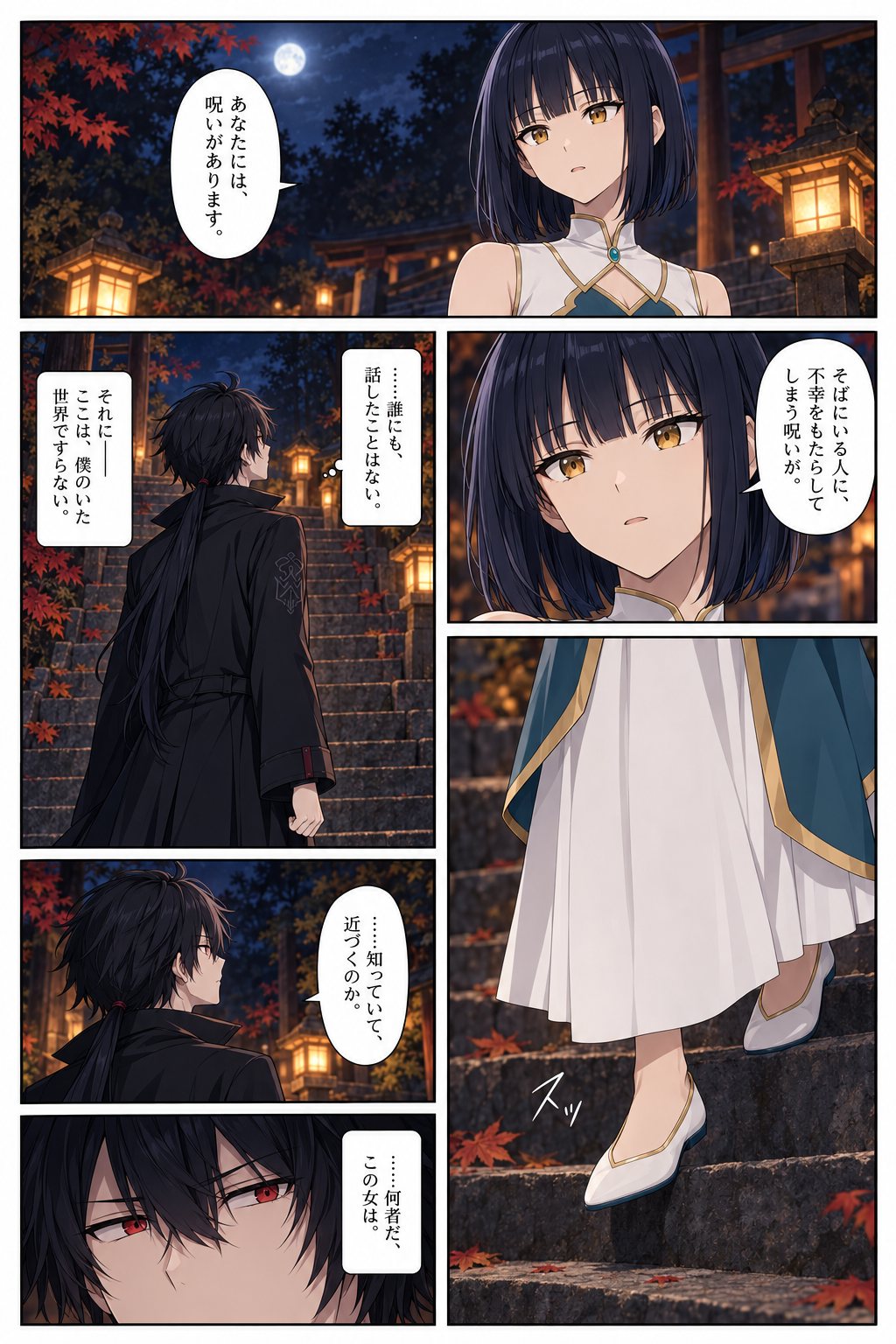 光羽「你身上有詛咒。」「會為身邊的人帶來不幸的詛咒。」鴉羽的心聲「……我從沒對任何人說過。」「況且——這裡甚至不是我原本的世界。」光羽向前一步。鴉羽「……明知道，還要靠近嗎。」「……這個女人，究竟是什麼人。」